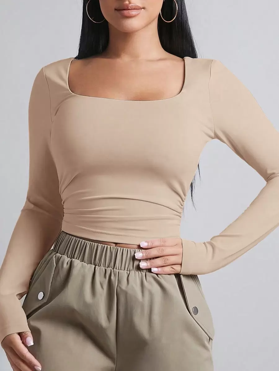 SHEIN BAE Women's Casual Solid Color Long Sleeve T-Shirt, Versatile For Winter - Khaki - View 1