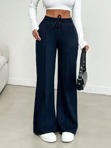 EURMUSE Trousers Made Of Knitted Fabric With Ribbed Seams On The Front - Navy Blue - View 1