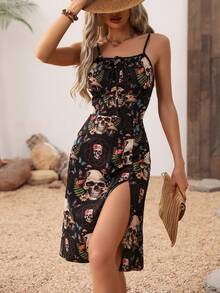 女款哥特式復古暗黑骷髏印花側開叉細肩帶連衣裙 - 彩色 - 查看 6