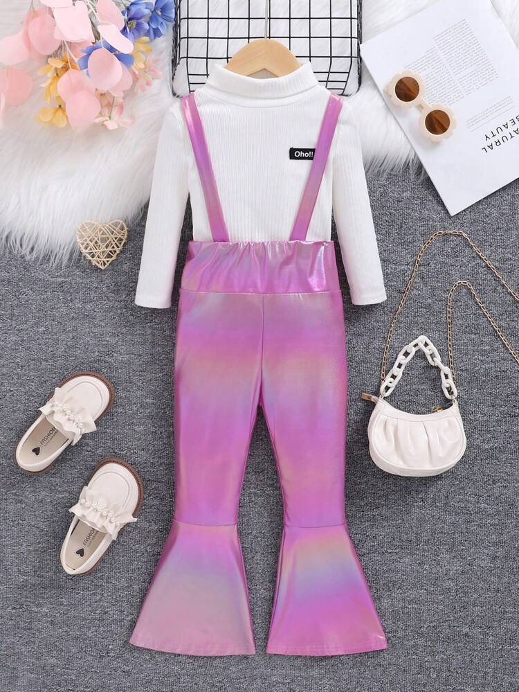 Little Girls' Casual Sweet And Cool Knitted Suspender Flared Pants Jumpsuit