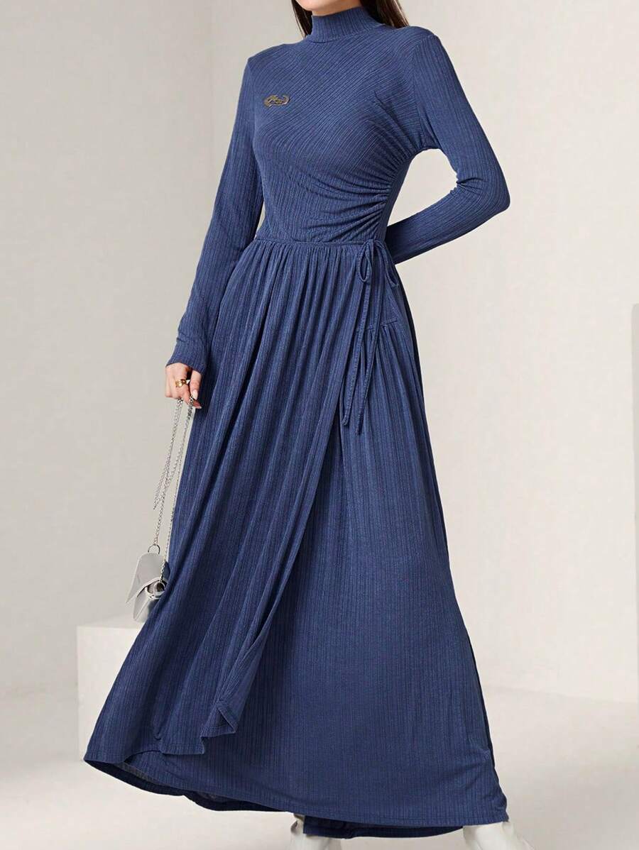 Seusyu Ladies' Solid Color Stand Collar Long Sleeve Pleated Dress Modest Dress - Blue - View 1