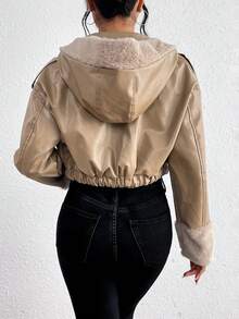 SHEIN Privé 女式毛領連帽短版 Pu 夾克 - 卡其色 - 查看 2