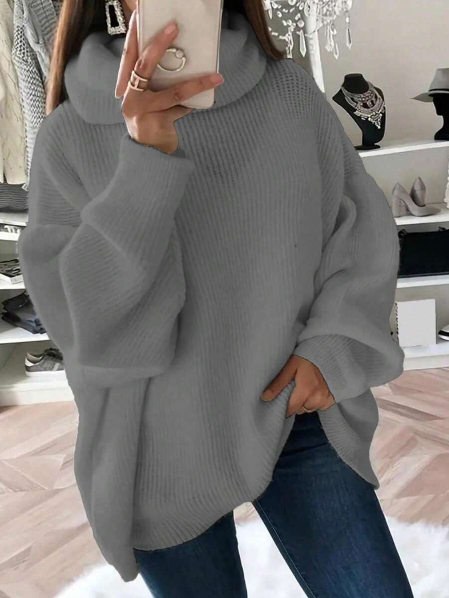 Flirla Plus Size Women's Turtleneck Pullover Knit Pullover Fall Winter Autumn - Grey - View 1