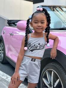 SHEIN 小女孩字母印花帽t+背心+短褲2件套裝 - 灰色 - 查看 5