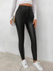 SHEIN Essnce Pu Leather Skinny Pants With Zipper Fly - Black - View 4