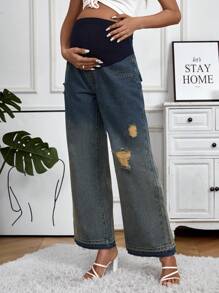 SHEIN Maternity Ripped Adjustable Waist Denim Trousers Jeans - Dark Wash - View 6