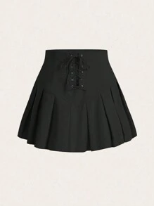 Flirla Plus Size Solid Color High Waist Cross Strap Pleated Skirt - Black - View 3