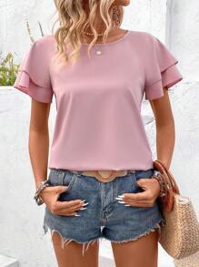 Breezaya Women's Solid Color Ruffle Sleeve Shirt,Short Sleeve Tops