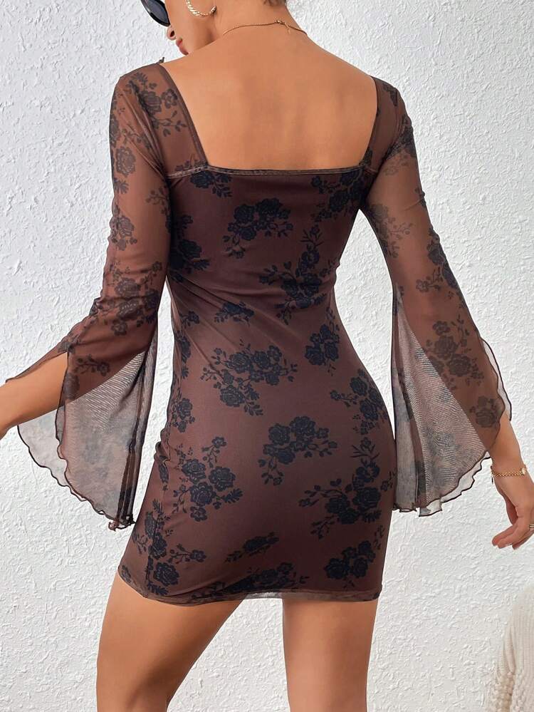 Knot Front Ruched Bust Flare Sleeve Floral Mesh Overlay Dress