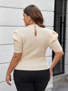 SHEIN Privé 大尺碼女泡泡袖優雅 T 卹 - 杏色 - 查看 2
