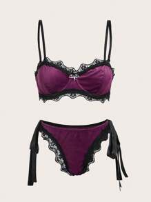 ROMWE Goth Set de lencería con encaje en contraste de terciopelo - Morado - Ver 1
