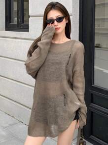 DAZY Của phụ nữ Vòng cổ Rỗng Áo len - Màu Khaki - Xem 1