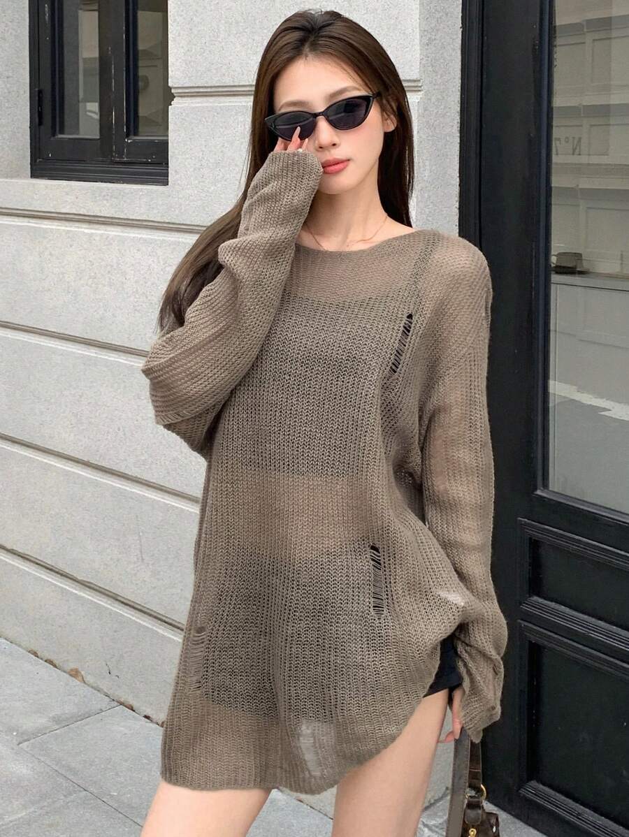 DAZY Của phụ nữ Vòng cổ Rỗng Áo len - Màu Khaki - Xem 1