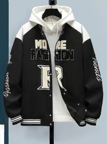 Manfinity Homme Men's Letter Print Contrast Color Baseball Jacket, Casual Autumn
