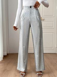 SHEIN Privé Women's Shiny Straight Trousers - Grey - View 3