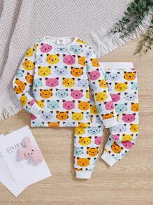 SHEIN Baby Girl Cute Cartoon Cat Pattern Snug Fit Home Clothes Set - White - View 1