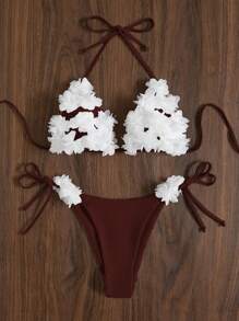 3d Flower Decorated Bikini Set With Knotted Side Design - Burgundy - View 5