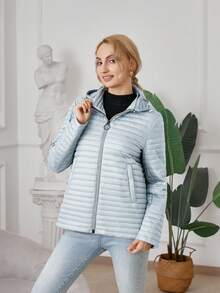 Zipper Front Hooded Quilted Coat - Grey - View 4