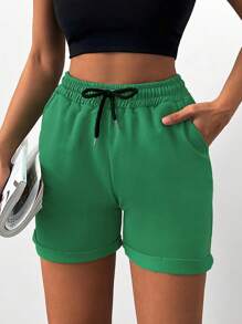 Cloudara Drawstring Waist Roll Up Hem Shorts - Green - View 4