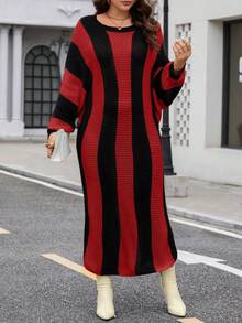 Calvaya 大尺寸撞色條紋圓領毛衣連身裙 - 紅色 - 查看 6