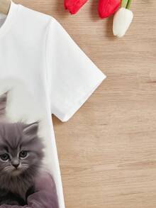 SHEIN Toddler Girls' Casual Animal Pattern Short Sleeve T-shirt, Suitable For Summer - White - View 3