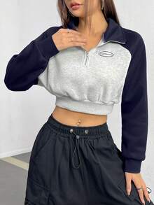 SHEIN EZwear 女士字母拼色短raglan袖運動毛衣 - 藍色 - 查看 3