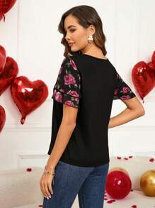 EMERY ROSE Valentine's Day Romantic Floral Rose With Ruffle Sleeve Women T-Shirt