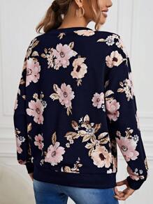 SHEIN LUNE Women's Floral Print Crew Neck Sweatshirt - Navy Blue - View 2