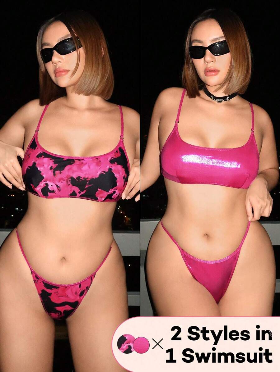 Swim EVENT Ladies' Spaghetti Strap Bikini Set Summer Beach - Hot Pink - View 1