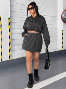 SHEIN EZwear Zweiteiliges Set Mit Kordelzug-kapuzenpullover Und Rock In Übergröße Für Damen - Grau - Übersicht 3