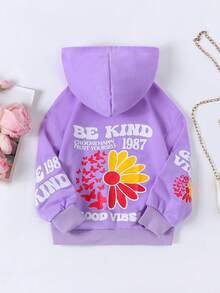 小女孩花朵蝴蝶字母印花連帽衛衣 - 紫色 - 查看 2