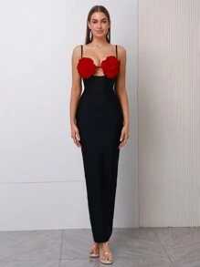 全新性感 V 领无袖 3D 花卉紧身长款绷带派对礼服，适合婚礼、生日派对、正式晚礼服、女士婚礼宾客礼服、晚礼服 - 紅色 - 查看 8