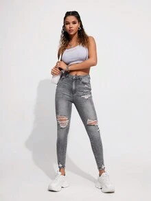 SHEIN Essnce بنطال جينز نسائي ممزق - رمادي - مشاهدة 6