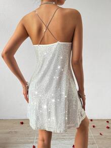 SHEIN Privé Trắng Kim sa Không lưng Váy Dây - trắng - Xem 2