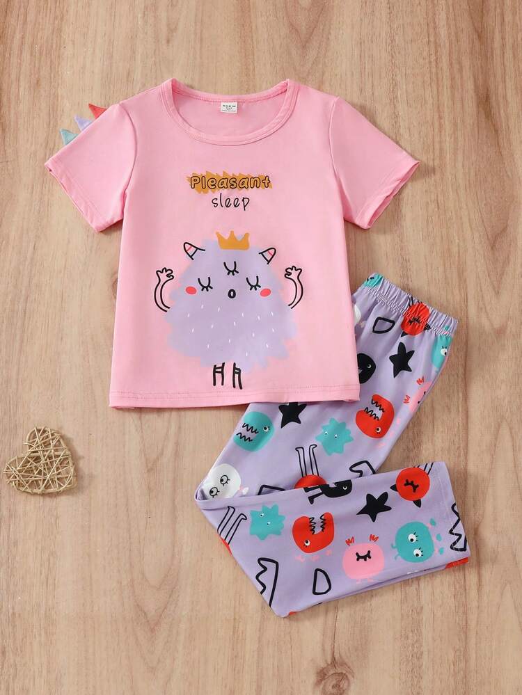 Cute Multi-Faceted Cartoon Funny Animal Printed Pants, Short-Sleeved T-Shirt For Girls, Comfortable Two-Piece Home Wear Set