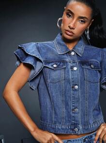 SHEIN BAE Của phụ nữ Tay áo xù Áo khoác denim - Màu xanh lam - Xem 6