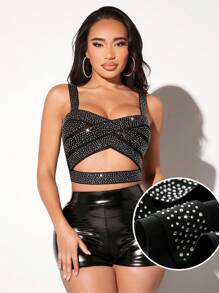SHEIN SXY 性感夜店水鑽裝飾鏤空吊帶背心繃帶上衣 - 黑色 - 查看 2