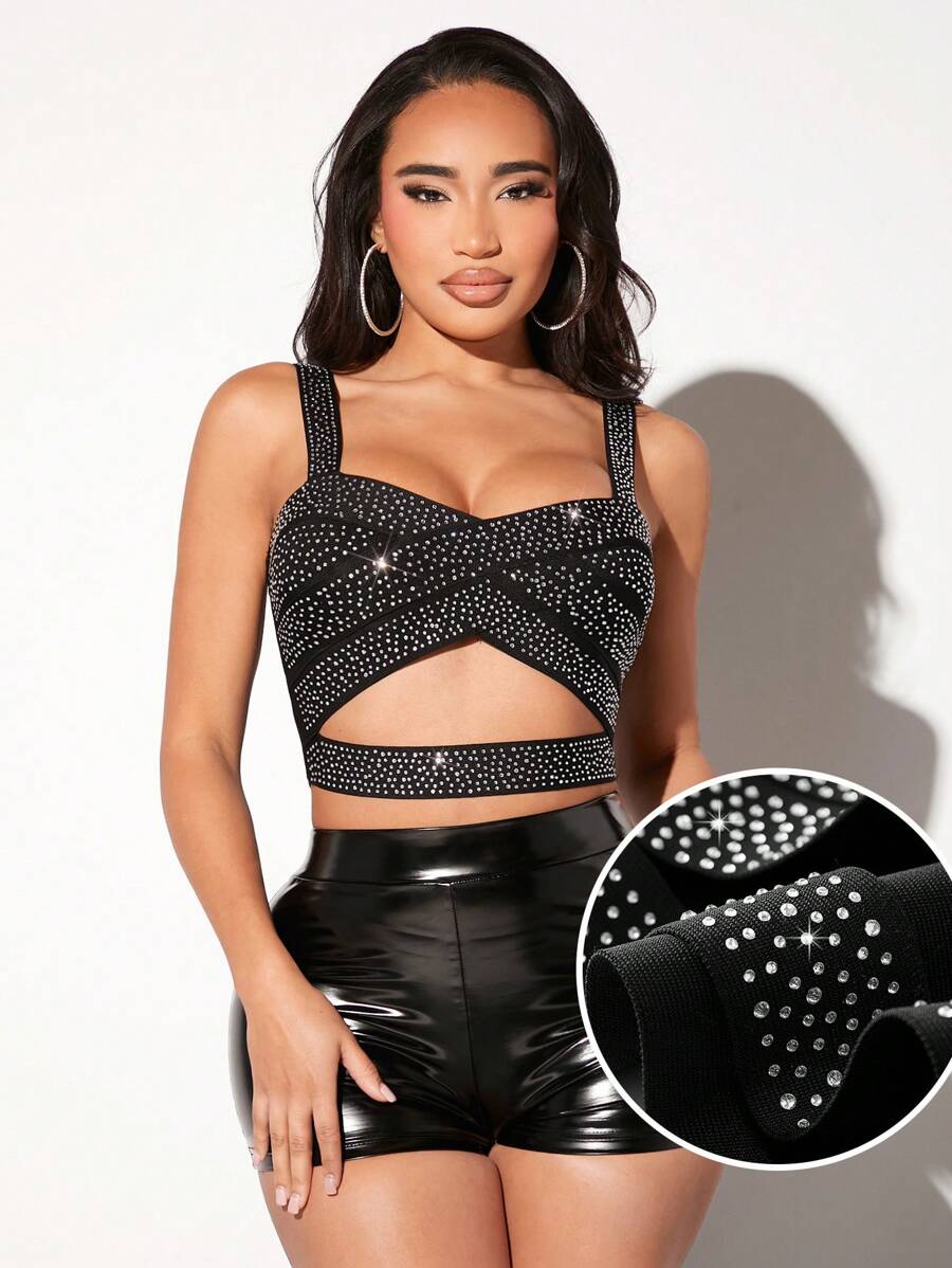 SHEIN SXY 性感夜店水鑽裝飾鏤空吊帶背心繃帶上衣