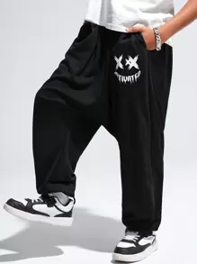 SHEIN Tween Boys' Casual Street Style Printed Harem Knit Pants With Elasticized Cuffs - Black - View 3