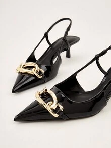 婚禮/派對/度假/休閒時尚的黑色專利皮革尖頭高跟涼鞋,有細高跟和金屬扣 - 黑色 - 查看 5