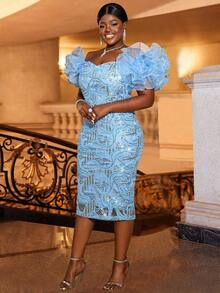 露肩蕾絲邊亮片正式晚禮服(大尺碼) - 藍色 - 查看 6