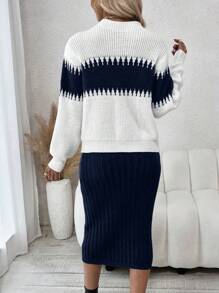 SHEIN Frenchy 對比色立領長袖毛衣和針織裙,帶雙口袋的兩件套裝 - 寶藍色 - 查看 2