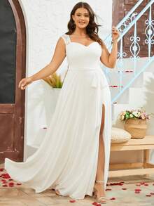 Đầm phù dâu bằng chiffon cỡ lớn dành cho nữ, xẻ tà cao. - trắng - Xem 7