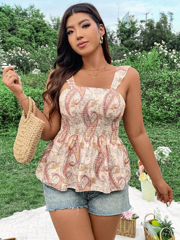 Plus Size Women's Shirred Paisley Printed Cap Sleeve Blouse