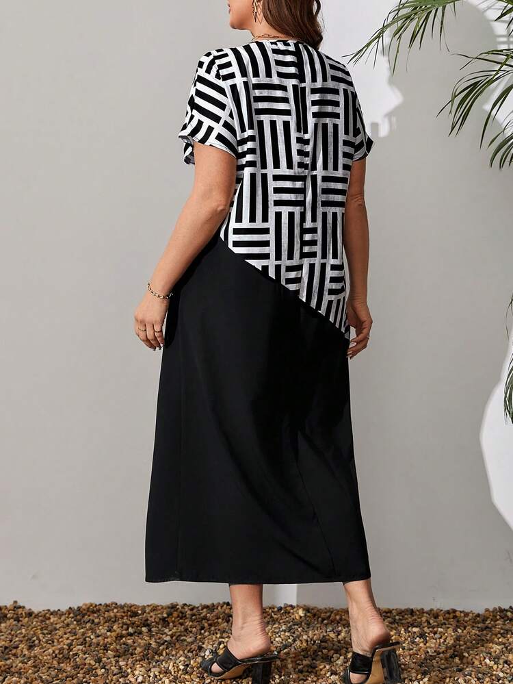 Plus Size Women'S Black And White Striped Patchwork Long Summer Dress,Spring/Vacation