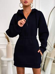 SHEIN Cottnline Kangaroo Pocket Fleece Lined Zip-Up Half Placket Hoodie Dress - Navy Blue - View 5