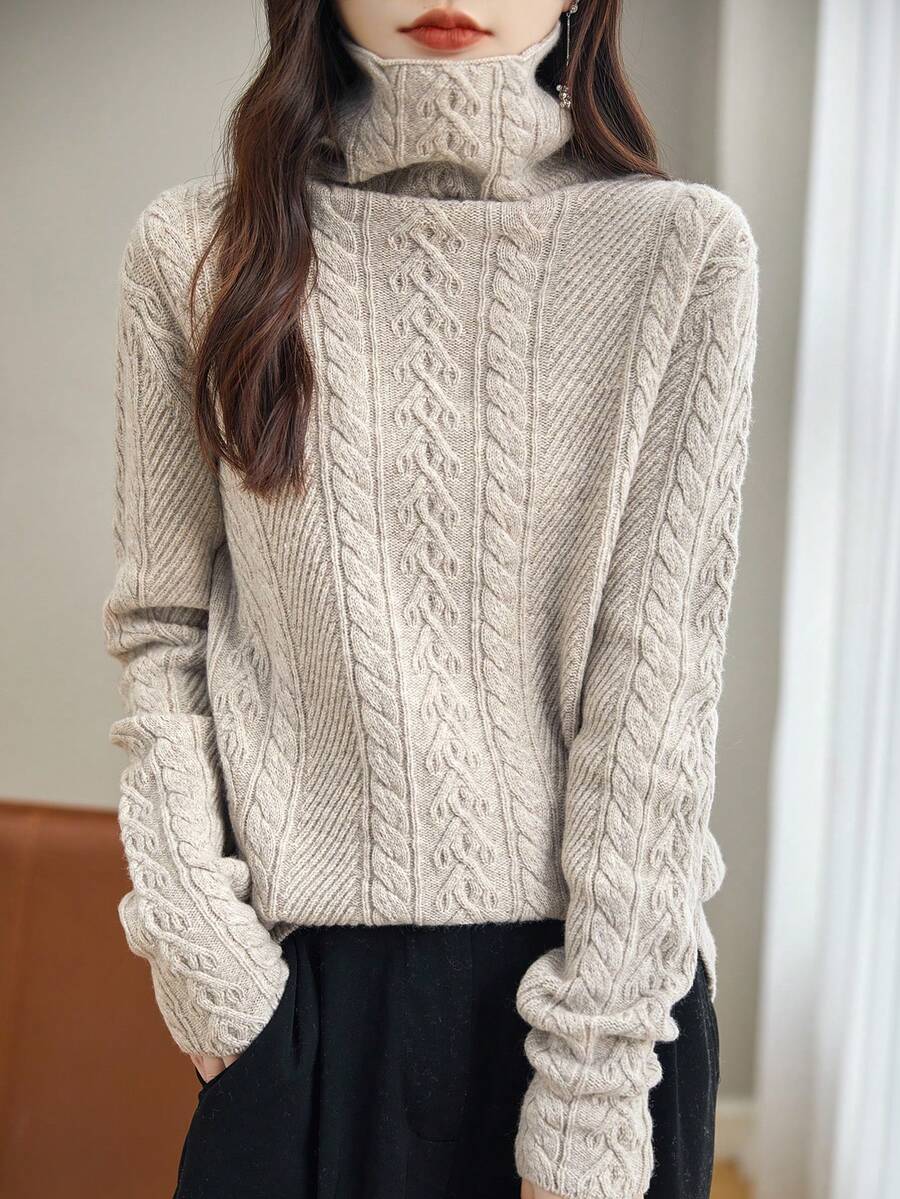 100%美麗諾羊毛高領毛衣,柔軟溫暖的長袖時尚毛衣 - 駝色 - 查看 1