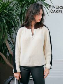 Anewsta Women's Color Block Casual Half Zip Sweater Knit Pullover Fall Winter Outfit - Apricot - View 3