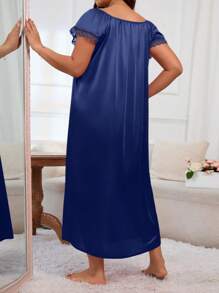 LuxeNights Plus Size Women's Square Neck Pleated Bow Pajama Night Dress, Moo Moo - Blue - View 2