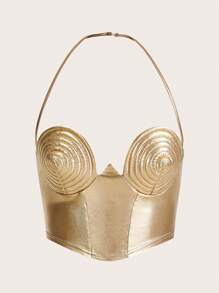 SHEIN ICON Solid Bustier Halter Top - Gold - View 1